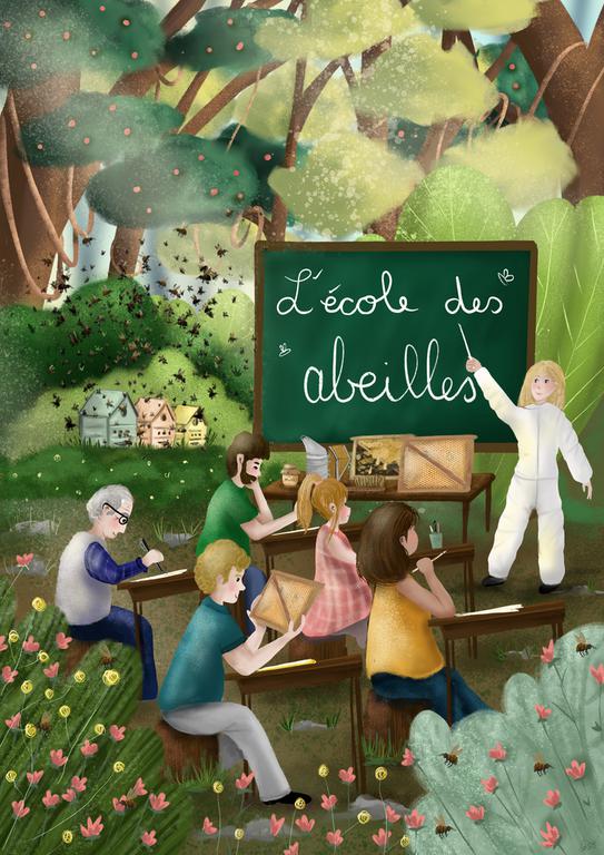 L'école des abeilles de Lucy (des pupitres d'"api-écoliers" installés dans la forêt. Affiche formation chez Lucy Bourrumeau