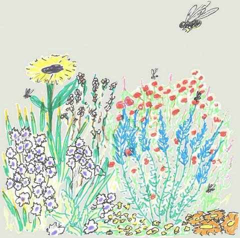 Parterre de fleurs Dessin d'un parterre de fleurs avec abeilles dessus