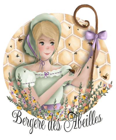 La Bergère des Abeilles Logo Bergère des abeilles avec bâton et ses abeilles dans un champ fleuri